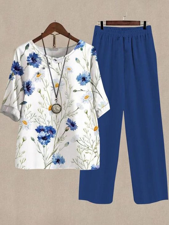 Floral Loose Crew Neck Casual Two-Piece Set