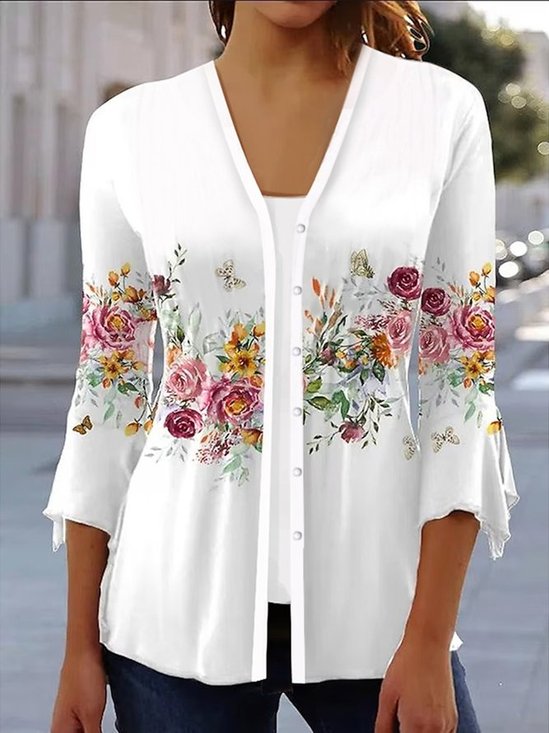 Floral Casual V Neck Knitted Kimono