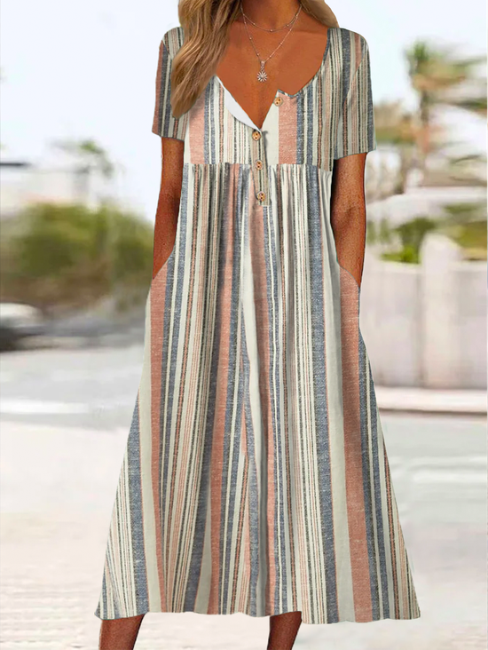 Casual Striped Notched Buttoned Short Sleeve Dress