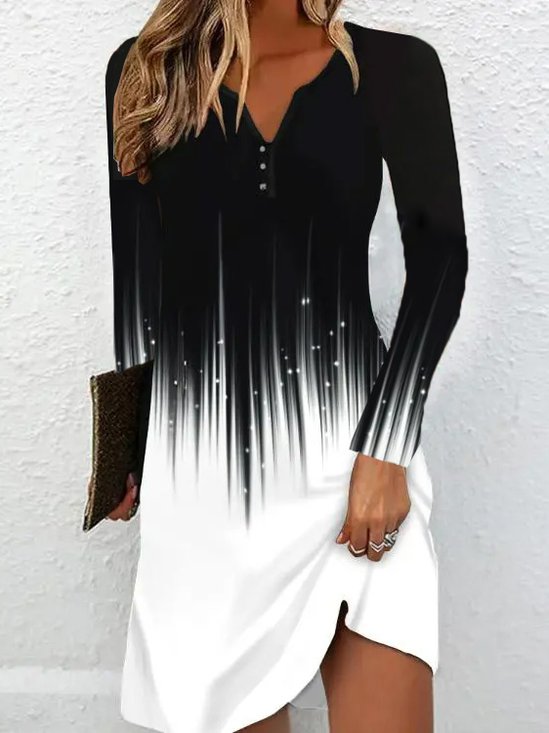Notched Casual Black And White Colorblock Dress