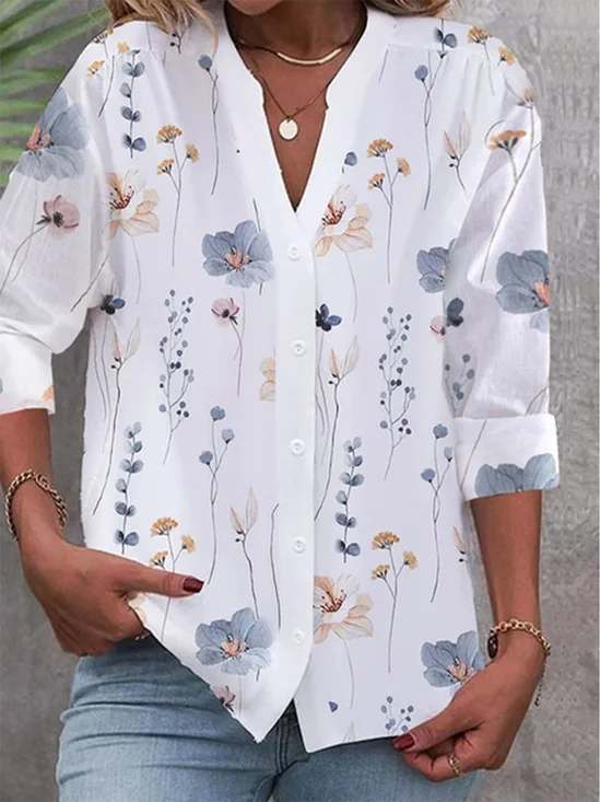 V Neck Casual Floral Loose Buttoned Down Long Sleeve Blouse