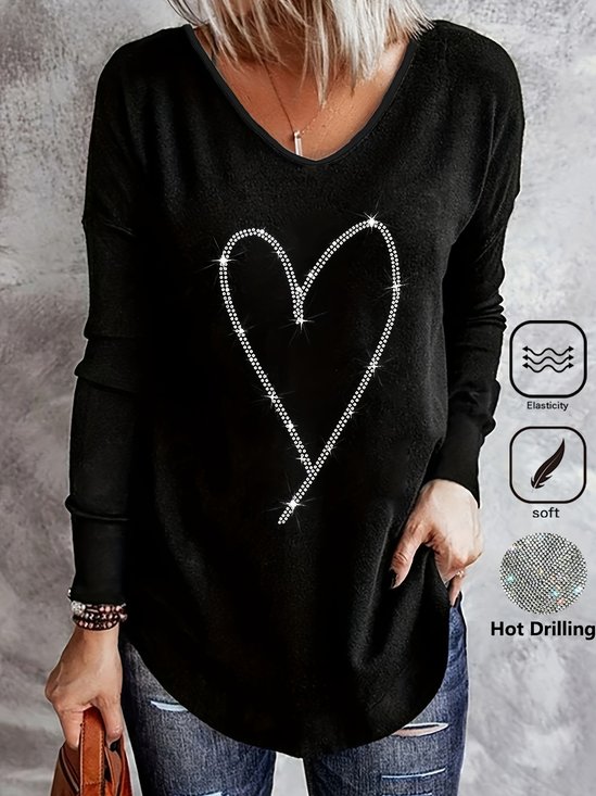 Women Heart/Cordate V Neck Casual Long Sleeve T-shirt