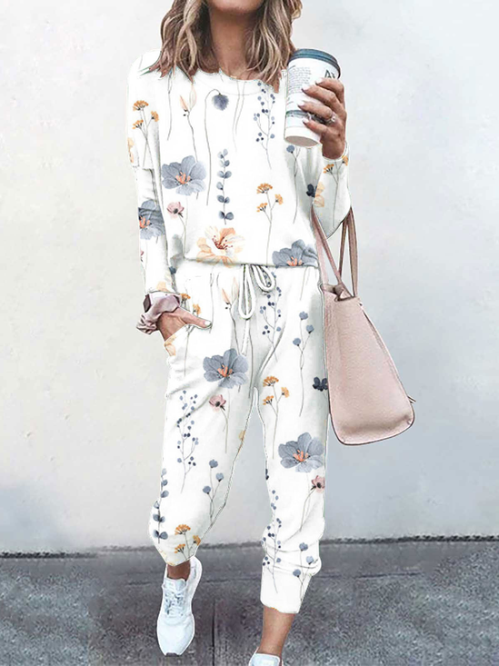 Loose Casual Regular Sleeve Crew Neck Floral Two-Piece Set