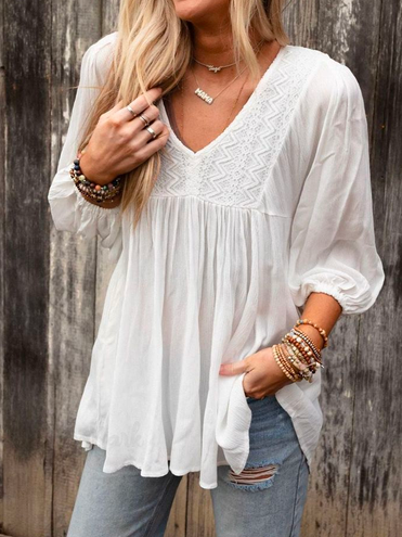 Lace Simple Cotton-Blend Plain V Neck Linen Style Shirt