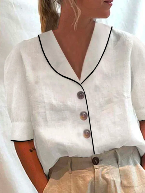 Women's Shirt Blouse Cotton Linen Blouse White Button Short Sleeve Casual Basic Shirt Collar Linen Shirt