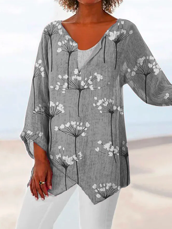 V Neck Casual Loose Floral Linen Style Shirt