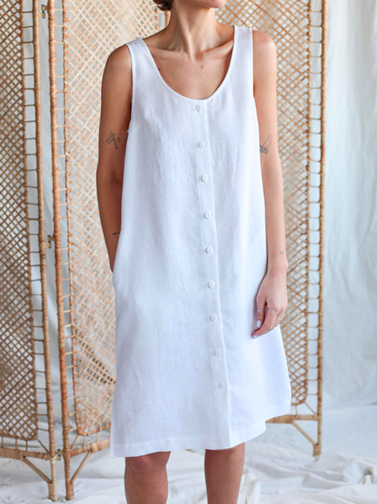 Simple Cotton Plain Linen Style Dress With Belt