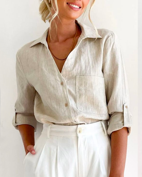 Shirt Collar Loose Casual Plain Linen Style Blouse