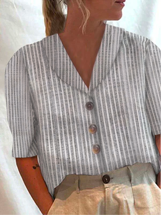 Striped Casual Shirt Collar Loose Linen Style Blouse