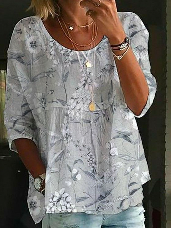 Casual Loose Floral Crew Neck Linen Style Shirt
