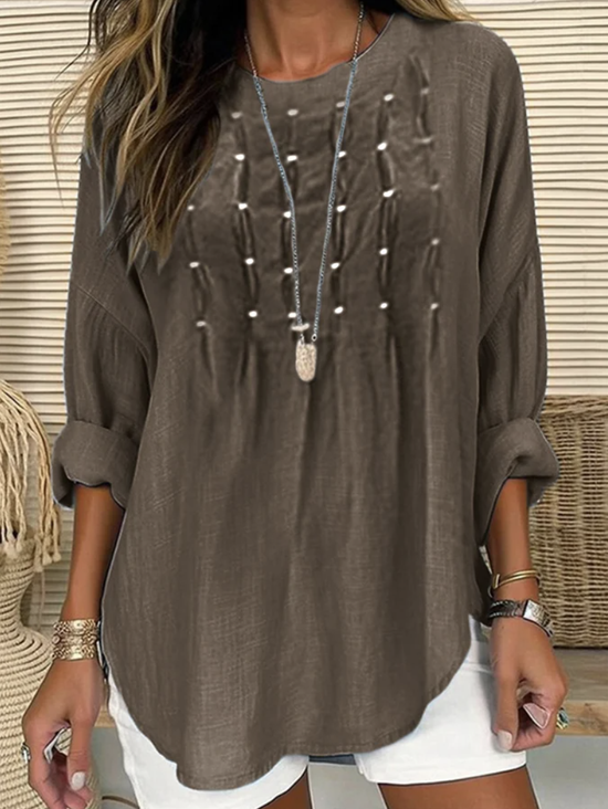 Plain Casual Cotton Crew Neck Linen Style Shirt