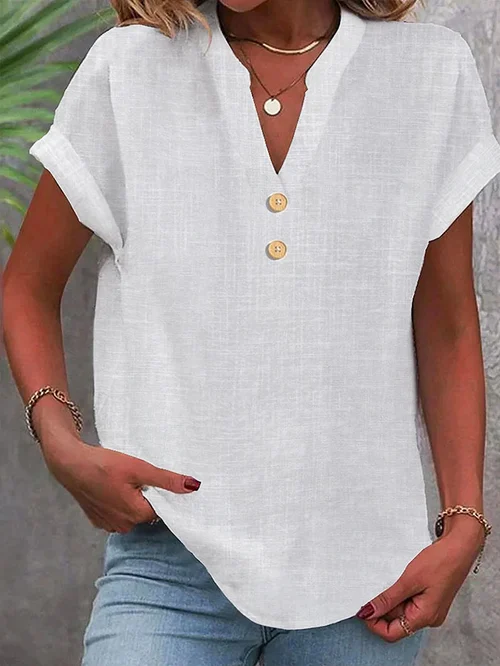 Plain V Neck Simple Linen Style Blouse