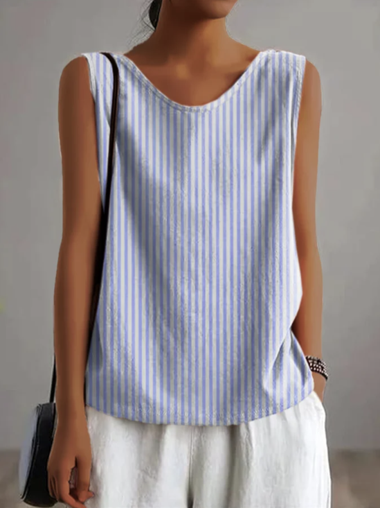 Loose Striped Simple Crew Neck Linen Style Tank Top