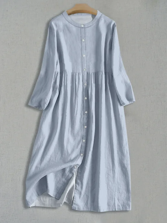 Simple Plain Crew Neck Linen Style Dress