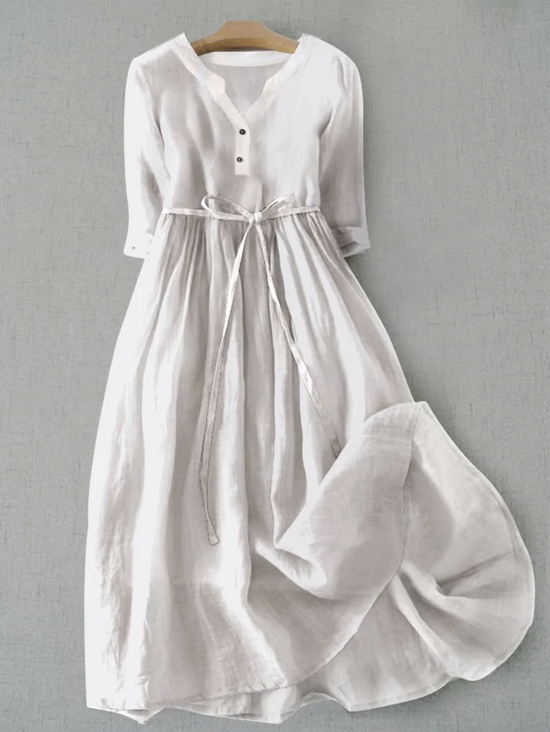 Cotton Loose Plain Casual Linen Style Dress With Belt