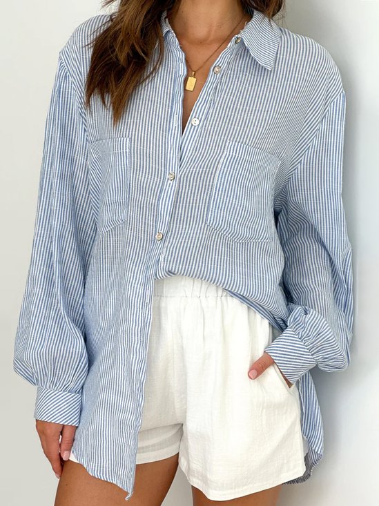 Loose Striped Casual Shirt Collar Blouse