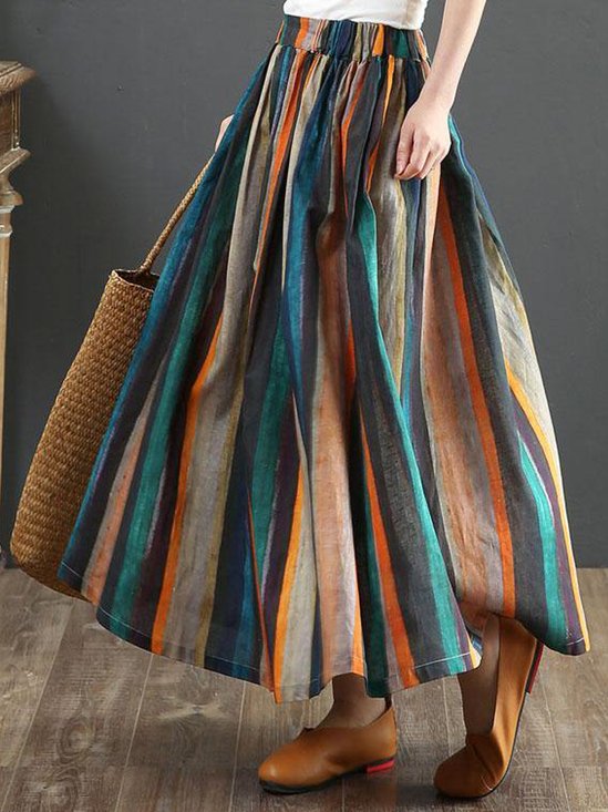 Loose Cotton Striped Casual Skirt
