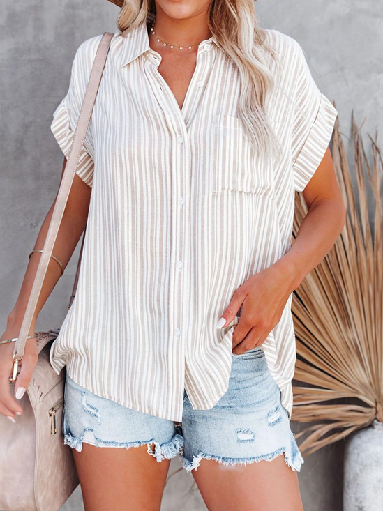 Shirt Collar Striped Casual Loose Blouse