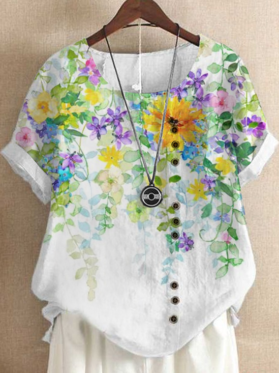 Crew Neck Floral Loose Simple Linen Style Shirt