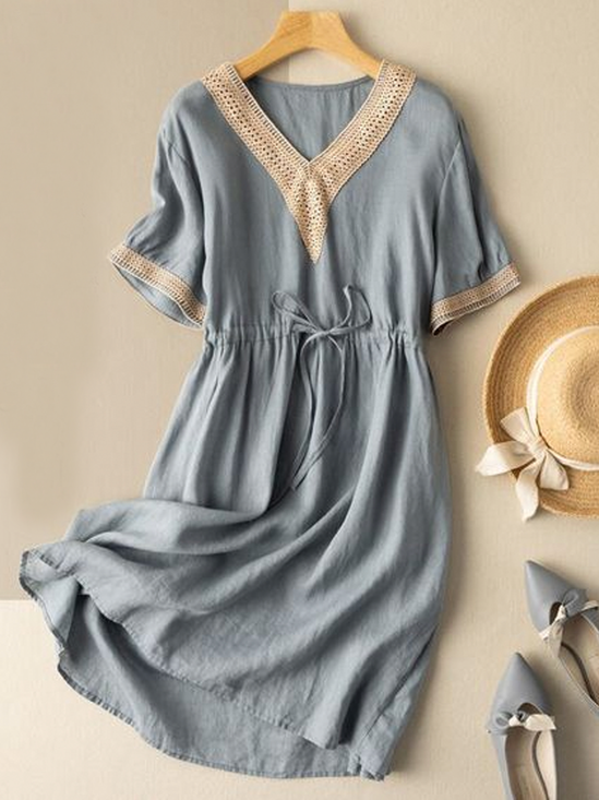 Simple Cotton Plain V Neck Linen Style Dress