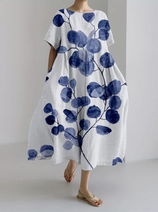 Floral Casual Crew Neck Linen Style Dress