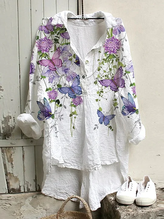 Loose V Neck Casual Butterfly Linen Style Blouse