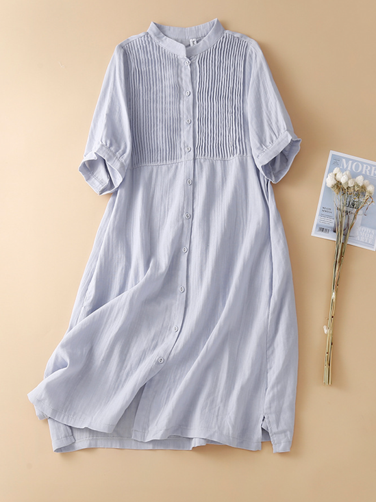 Stand Collar Simple Cotton-Blend Loose Linen Style Dress