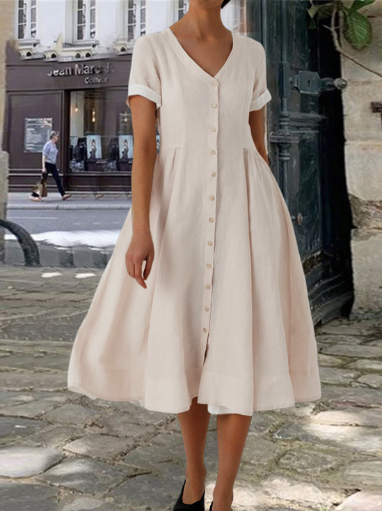 Casual Cotton V Neck Plain Linen Style Dress
