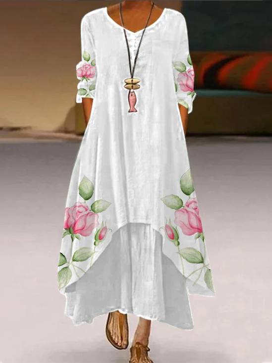 Casual Crew Neck Loose Floral Linen Style Dress