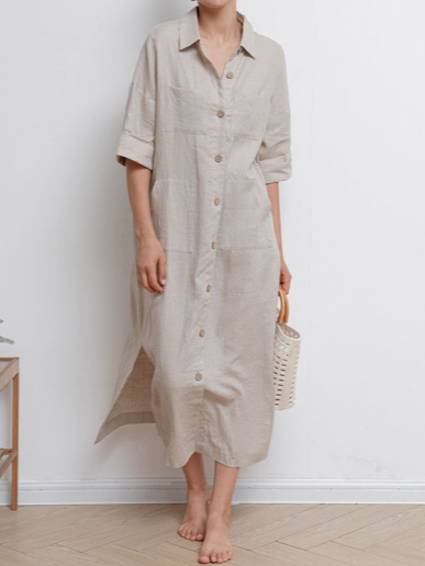 Plain Cotton Casual Linen Style Dress