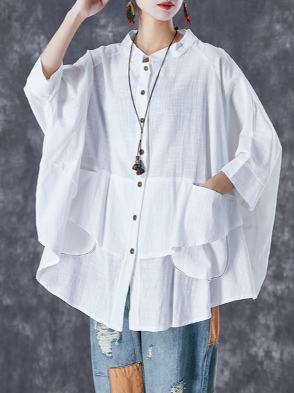 Plain Casual Stand Collar Linen Stlye Blouse
