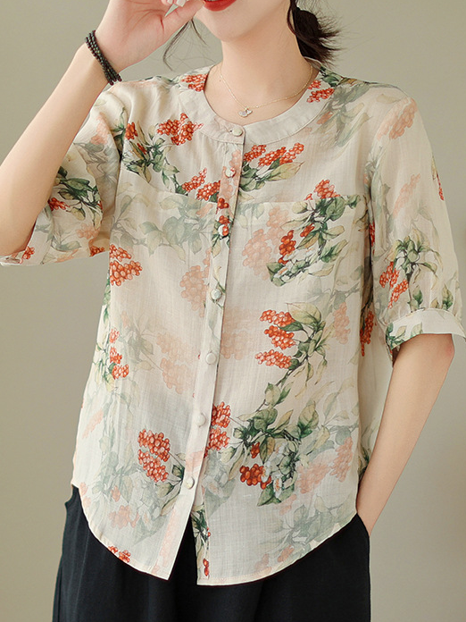 Shirt Collar Vacation Cotton-Blend Linen Style Blouse