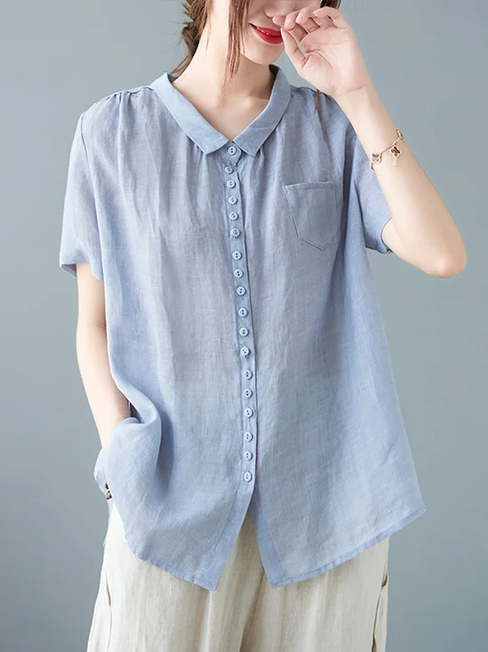 Simple Shirt Collar Loose Linen Blouse