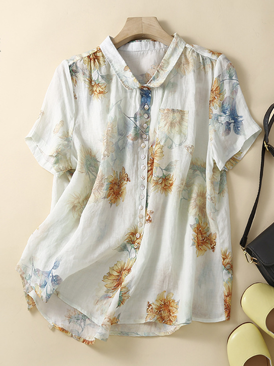 Casual Shirt Collar Floral Loose Linen Style Blouse