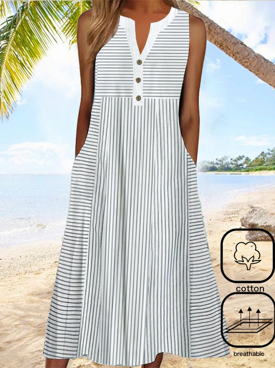 Casual Buckle V Neck Striped Dress