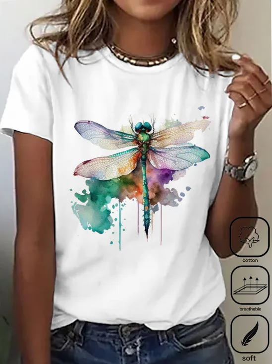 Women Dragonfly Crew Neck Casual Short Sleeve T-shirt