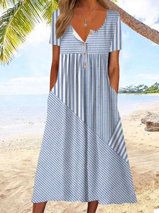 Loose Crew Neck Vacation Abstract Stripes Dress