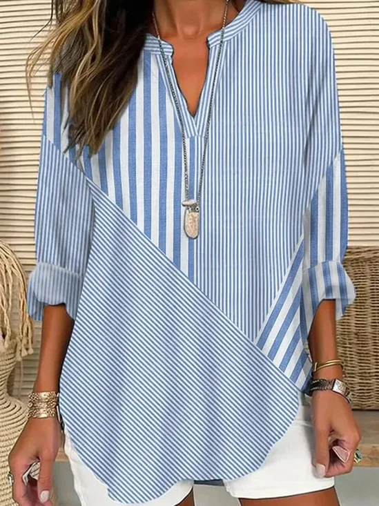 Notched Loose Striped Casual Shirt