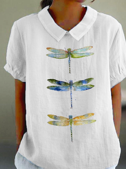 Cotton Dragonfly Shawl Collar Simple Shirt