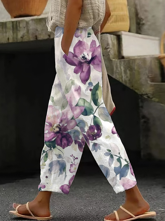 Casual Floral Cotton And Linen Pants