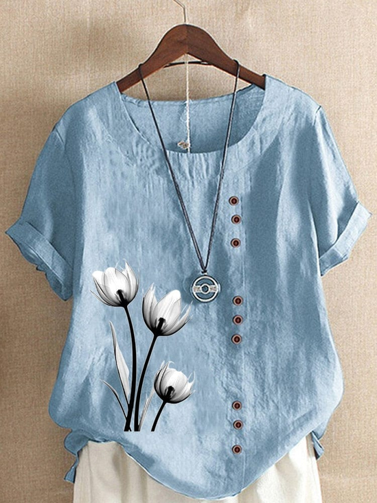 Casual Floral Crew Neck Loose Blouse
