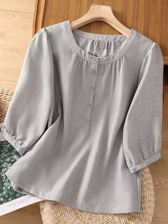 Cotton Stand Collar Casual Plain Blouse