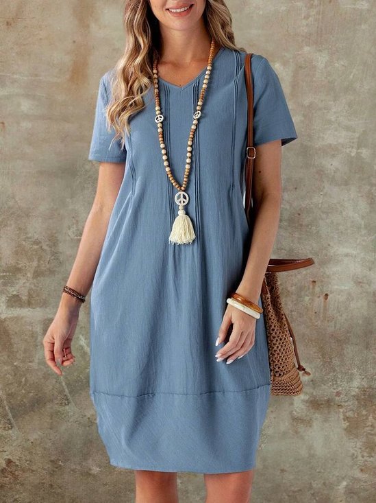 Cotton V Neck Loose Casual Dress With No