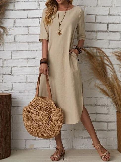 Cotton Loose Casual Plain Dress With No