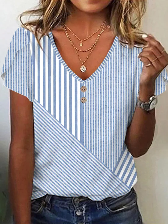 Women Abstract Stripes V Neck Casual Short Sleeve T-shirt