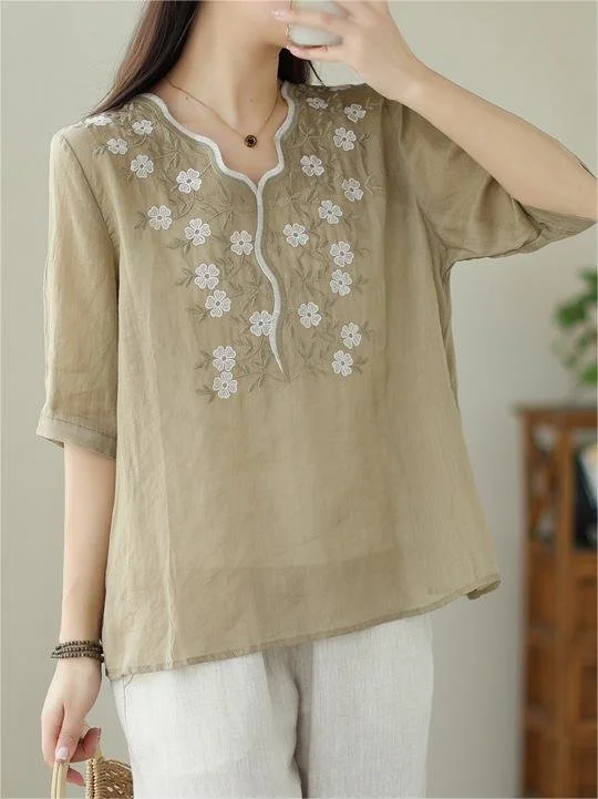 Embroidery Patterns Cotton And Linen V Neck Casual Blouse