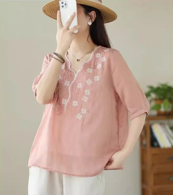 Embroidery Patterns Cotton And Linen V Neck Casual Blouse