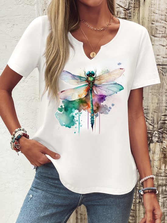 Women Dragonfly Notched Casual Short Sleeve T-shirt