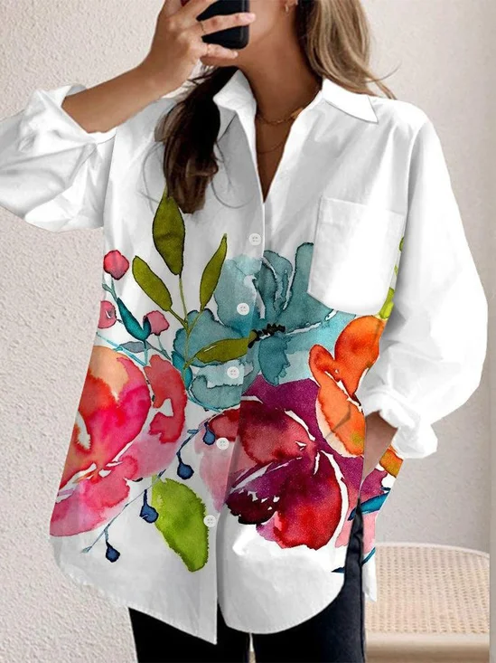 Women's Long Sleeve Shirt Spring/Fall White Floral Shirt Collar Daily Going Out Casual Top