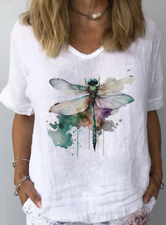 Vintage Dragonfly Print Casual V-neck Denim Loose Shirt main image 0